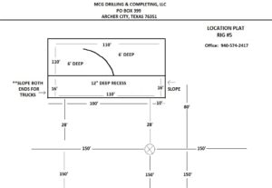 Location plat dimensions of oil and gas drilling rig #5 in Archer City, Texas.